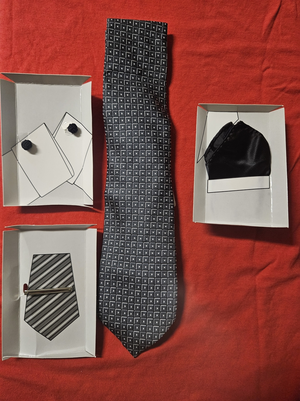 Stafford Black Geometric Tie Set with Pocket Square, Cufflinks & Tie Bar